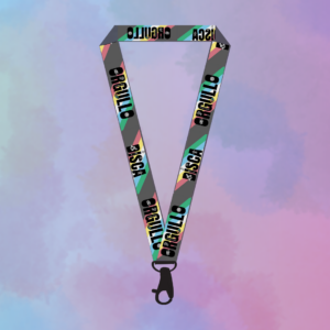 Lanyard «Orgullo Disca», cinta multicolor con diseño de orgullo y diversidad.