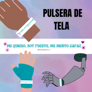 Pulsera de tela «Me Quiero», con diseño gráfico multicolor.