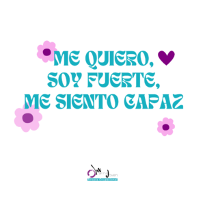 Tote bag blanca «Me Quiero», con letras turquesas, flores rosas y corazón morado.