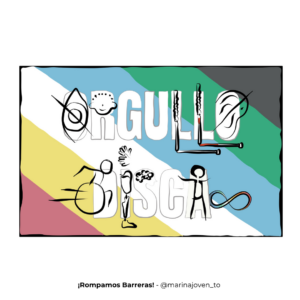 Tote bag blanca «Orgullo Disca», con diseño multicolor de orgullo y diversidad.