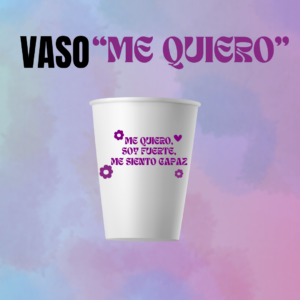 Vaso «Me Quiero», con diseño gráfico multicolor en tonos turquesa, rosa y morado.